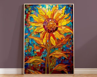 Mosaik Sonnenblume Kunstdruck Geschenk für Naturliebhaber Blume Wand Kunst Wohnkultur Acryl Stil Bunte Abstrakte Collage Buntglas Floral