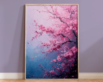 Cherry Blossom Art Japanese Flower Print Sakura Branch Blue Pink Purple Gift for Nature Lover Wall Decor Acrylic Style Colourful Abstract