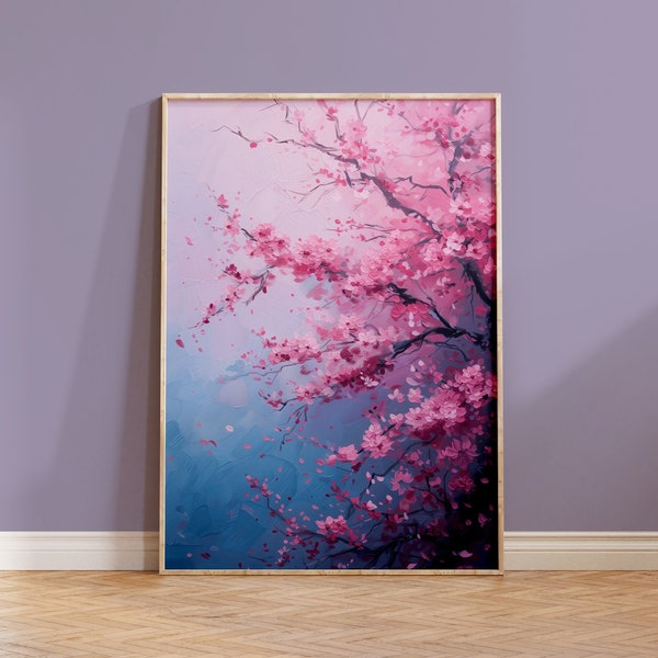 Cherry Blossom Art Japanese Flower Print Sakura Branch Blue Pink Purple Gift for Nature Lover Wall Decor Acrylic Style Colourful Abstract