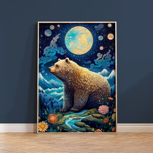 Grizzly Bear Art Print: Boho Floral Moon Landscape