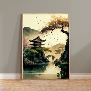 Japanische Wand Kunst Druck Aquarell Boho Housewarming Geschenk Pagode Neutral Grün Landschaft Baum Natur Wohnkultur Japan Gemälde Fluss Serene