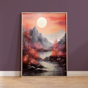 Rote Landschaft Gemälde Druck Wand Kunst Herbst Sonnenuntergang Berge Einweihungsparty Geschenk Natur Boho Wohnkultur Neutral Landschaft Pinselstriche