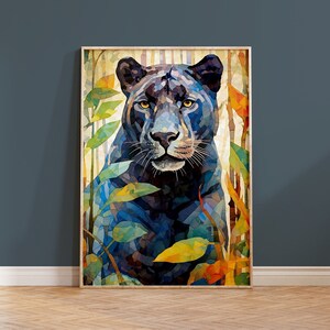 パンサー ウォールアート コラージュスタイル ジャングルプリント リビングルーム装飾 動物愛好家へのギフト 猫の絵画 鮮やかなモザイク 花の葉 カラフル