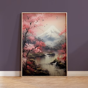 日本の風景アートプリント 桜の木 壁飾り 桜の花 新築祝い ボヘミアンギフト オリジナルアジアン水彩画 富士山 ピンク