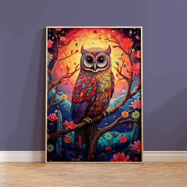 Owl Wall Art Colourful Print Artwork Vibrant Animal Gift Boho Chic Housewarming Bird Lover Home Decor Painting Floral Flowers Abstract