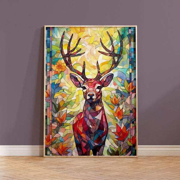 Cerf impression d'art cerf vitrail coloré abstrait amoureux de la nature cadeau pendaison de crémaillère bohème peinture animalière dessin au trait lumineux vif sauvage photo