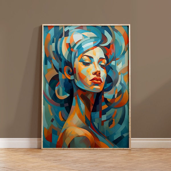 Art mural portrait femme impression bohème cubisme abstrait cadeau pour elle belle femme élégante peinture décoration tendance mosaïque bleu et orange