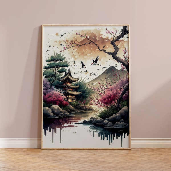 Paisaje japonés arte impresión Sakura árbol pared decoración pagoda flor de cerezo flor inauguración de la casa Boho regalo original asiático acuarela rosa