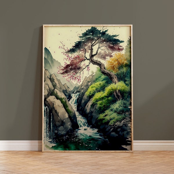 Impression d'art mural japonais aquarelle bohème cadeau de pendaison de crémaillère arbre Nature vert neutre cascade paysage naturel décoration d'intérieur Japon peinture
