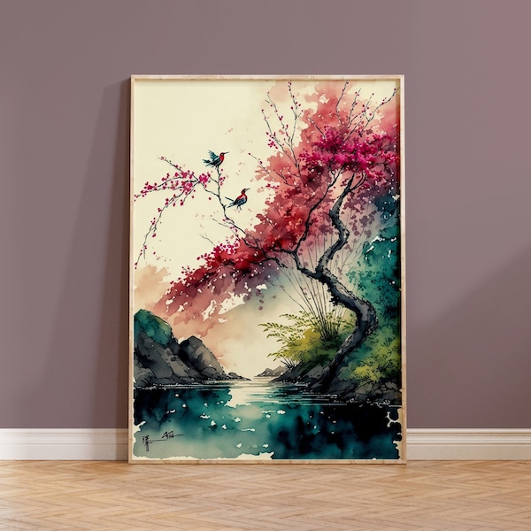 Japanese Wall Art Print Watercolour Boho Housewarming Gift Sakura Tree Nature Spring Cherry Blossom Pink Colourful Home Decor Japan Painting