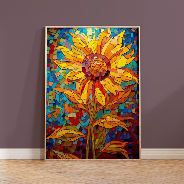 Impression d'art en mosaïque tournesol, cadeau pour amoureux de la nature, art mural de fleurs, décoration d'intérieur, style acrylique, collage abstrait coloré, vitrail floral