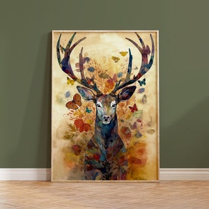 Boho Wand Kunst Druck Aquarell Reh Malerei Hirsch Geweih Housewarming Geschenk Schmetterling Tier Neutral Braun Airbnb Spirituelles Kunstwerk Herbst
