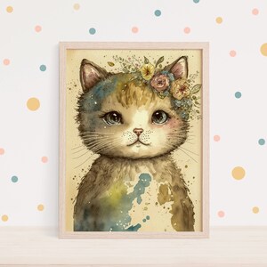 Boho vivero pared arte impresión lindo gato pintura flores regalo para una nueva mamá niño dormitorio decoración habitación bebé acuarela arte animal cartel