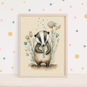 Impresión de vivero de tejones. Impresión de arte físico. Envío gratis a todo el mundo. Arte generativo de IA. Regalo boho para una nueva mamá. Impresión de arte para niños. Acuarela.