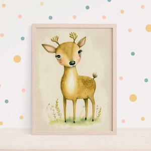 Lindo estampado de ciervos. Impresión de arte físico. Envío gratis a todo el mundo. Arte generativo de IA. Regalo boho para una nueva mamá. Guardería infantil. Acuarela. Gama.