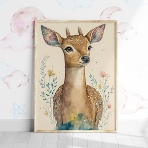 Kinderzimmer Wand Kunst Druck süsser Doe Malerei Boho Geschenk für eine neue Mutter Kinder Aquarell Hirsch Blumen Babyzimmer Poster Tier Babys Schlafzimmer Dekor