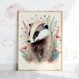 Lindo estampado de tejón. Impresión de arte físico. Envío gratis a todo el mundo. Arte generativo de IA. Regalo boho para una nueva mamá. Impresión de arte para niños. Acuarela.