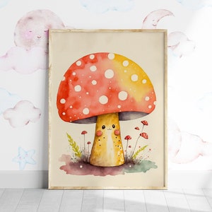 Niedlicher Pilzdruck. Physischer Kunstdruck. Kostenloser weltweiter Versand. Kinderzimmer-Wandkunst. Generative Kunst. Geschenk für eine junge Mutter. Kunstdruck für Kinder.