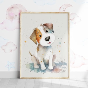 Lindo estampado de perrito. Impresión de arte físico. Envío gratis a todo el mundo. Arte generativo de IA. Regalo boho para una nueva mamá. Guardería infantil. Acuarela. Perro.