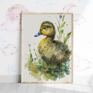 Lindo estampado de patito. Impresión de arte físico. Envío gratis a todo el mundo. Arte Generativo. Regalo boho para una nueva mamá. Guardería infantil. Acuarela. Pato.