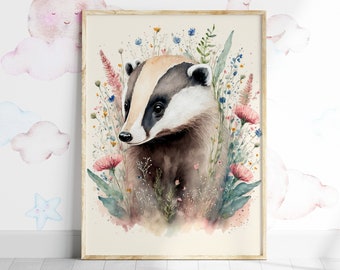 Cute Badger Print. Physical Art Print. Free Worldwide Shipping. Generative Ai Art. Boho Gift for a New Mum. Kid’s art Print. Watercolour.