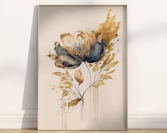 Gold Flower Art Print Floral Botanical Wall Hanging  Neutral Contemporary Home Decor Boho Housewarming Gift Gold Filigree Painting Petals