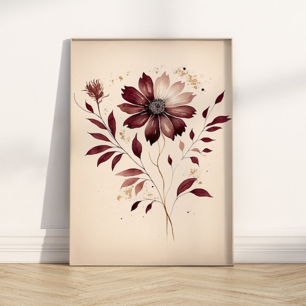 Burgundy Daisy. Physical Art Print. Free Worldwide Shipping. Generative art. AI. Botanical. Boho Housewarming Gift. Floral Pattern. Flower.