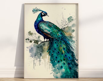 Peacock Wall Art Print Watercolour Painting Boho Housewarming Gift Original Bird Print Animal Green Turquoise Blue Feathers Airbnb Artwork