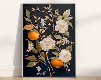 Orange Plant Flowers Art Botanical Contemporary Boho Housewarming Gift for Nature Lover Floral Wall Art Dark Background Citrus Fruit Print