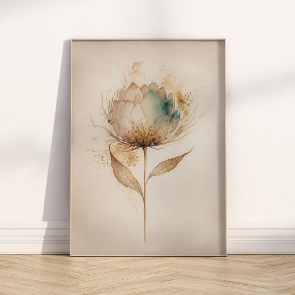 Impression d'art mural fleur aquarelle botanique contemporain bohème cadeau de pendaison de crémaillère simple floral naturel décoration d'intérieur crème peinture abstraite