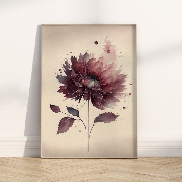 Burgundy Flower. Physical Art Print. Free Worldwide Shipping. Generative art. AI. Botanical. Contemporary. Boho Gift. Watercolour. Floral.