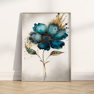 Blaugrün Wand Kunst Druck Aquarell Blume Botanische Zeitgenössisch Boho Housewarming Geschenk Türkis Blumen Grün Home Dekor Blütenblätter Goldmalerei