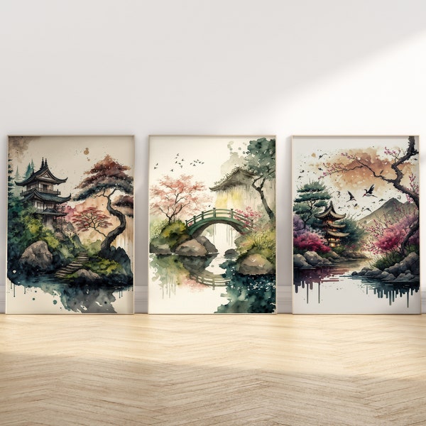 Art mural japonais, lot de 3 impressions, aquarelle bohème, cadeau de pendaison de crémaillère, pagode Sakura, nature printanière, fleurs de cerisier, décoration d'intérieur, peinture japonaise