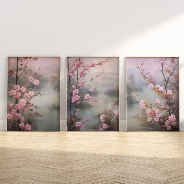 Japanese Wall Art Set of 3 Prints Watercolour Boho Housewarming Gift Cherry Blossom Sakura Nature Spring Home Decor Japan Painting Pink Grey