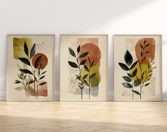 Boho Wall Art Set of 3 Prints Mid-Century Watercolour Housewarming Gift Nature Leaves Spring Home Decor Modern Geometric Abstract Painting