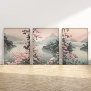 Japanese Cherry Blossom Print Set: Sakura Landscape Art, Boho Home Decor