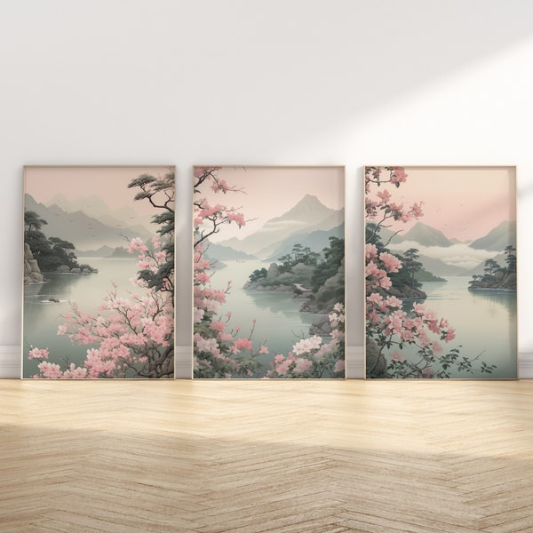 Japanese Wall Art Set of 3 Prints Boho Housewarming Gift Sakura Nature Spring Cherry Blossom Home Decor Japan Landscape Painting Pink