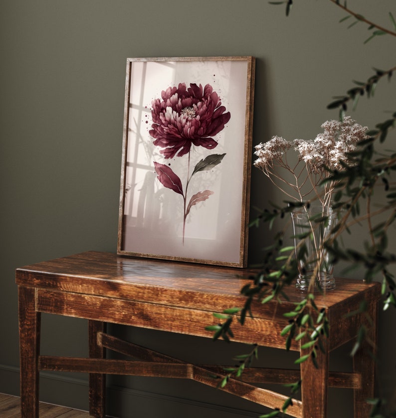 Bourgogne Rose Fleur Art Print Botanique Contemporain Boho Pendaison De