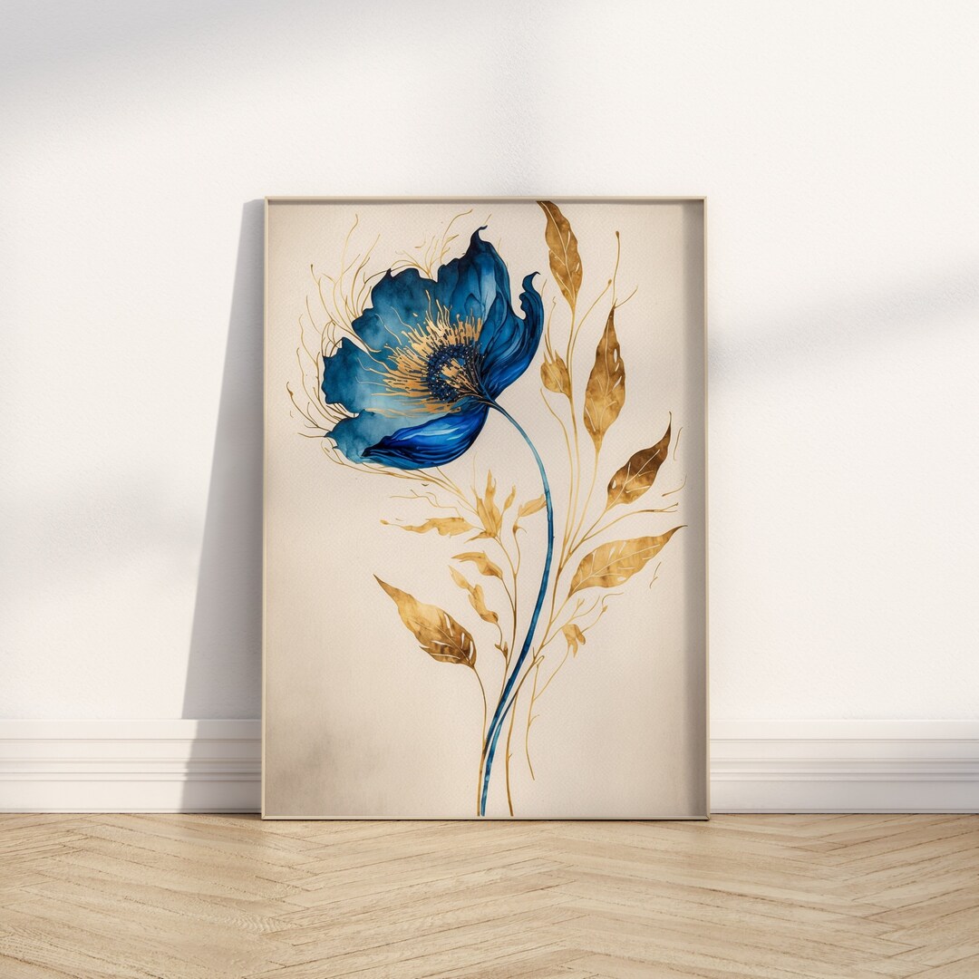 Blue Gold Wall Art Print Flower Botanical Contemporary Boho ...