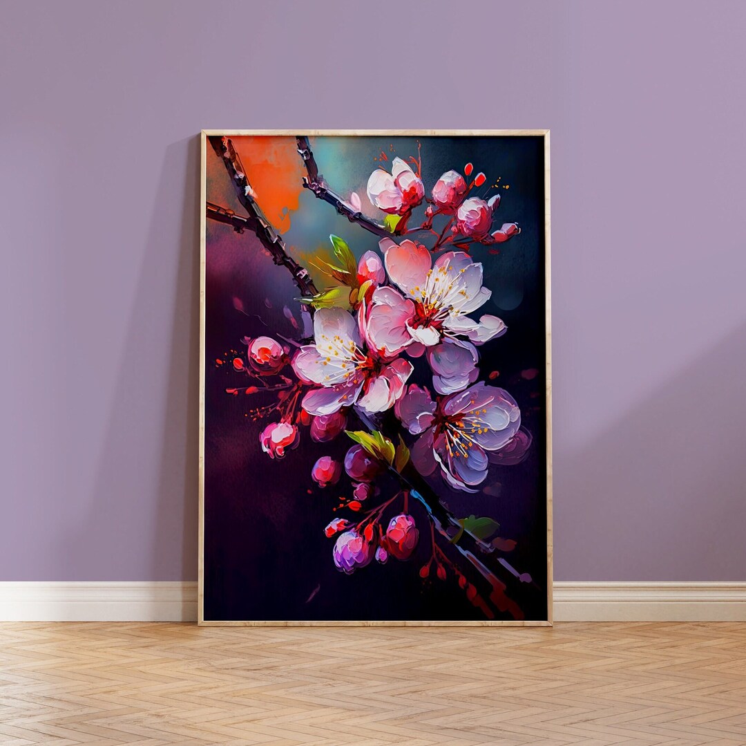 Cherry Blossom Art Japanese Flower Print Sakura Branch Dark Background ...