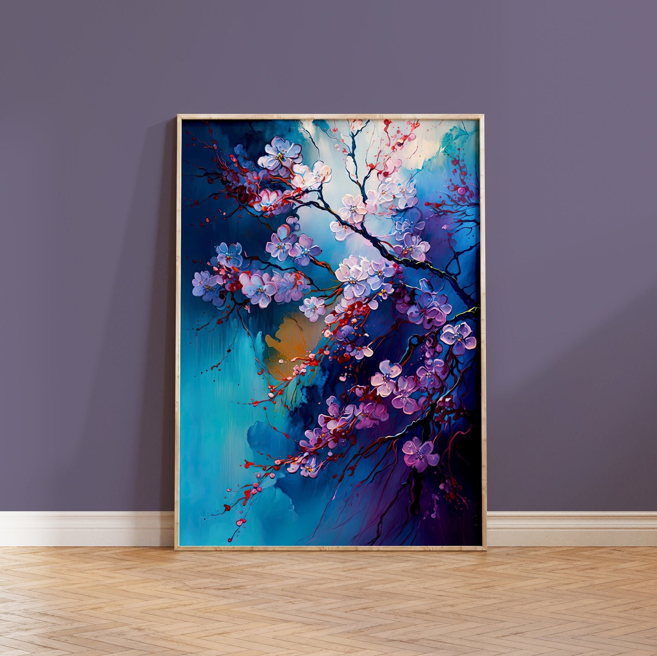 Cherry Blossom Japanese Flower Art Print Sakura Branch Blue Pink Purple Gift for Nature Lover Wall Decor Acrylic Style Colourful Abstract