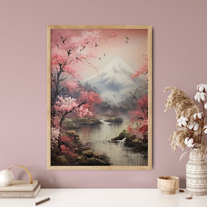 Japanese Landscape Art Print Sakura Tree Wall Decor Cherry Etsy UK
