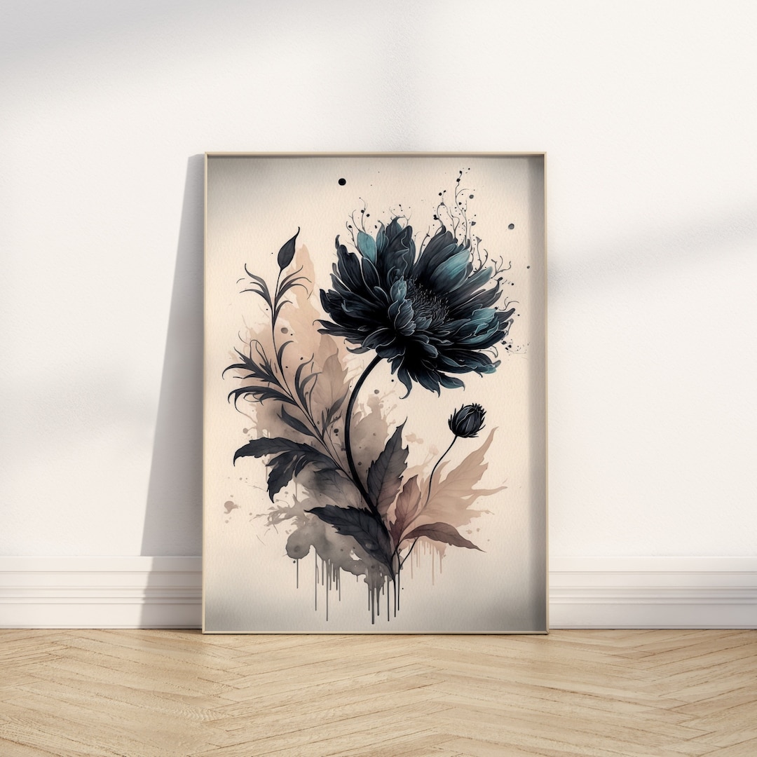 Black Flower Wall Art Print Watercolour Floral Painting Contemporary ...