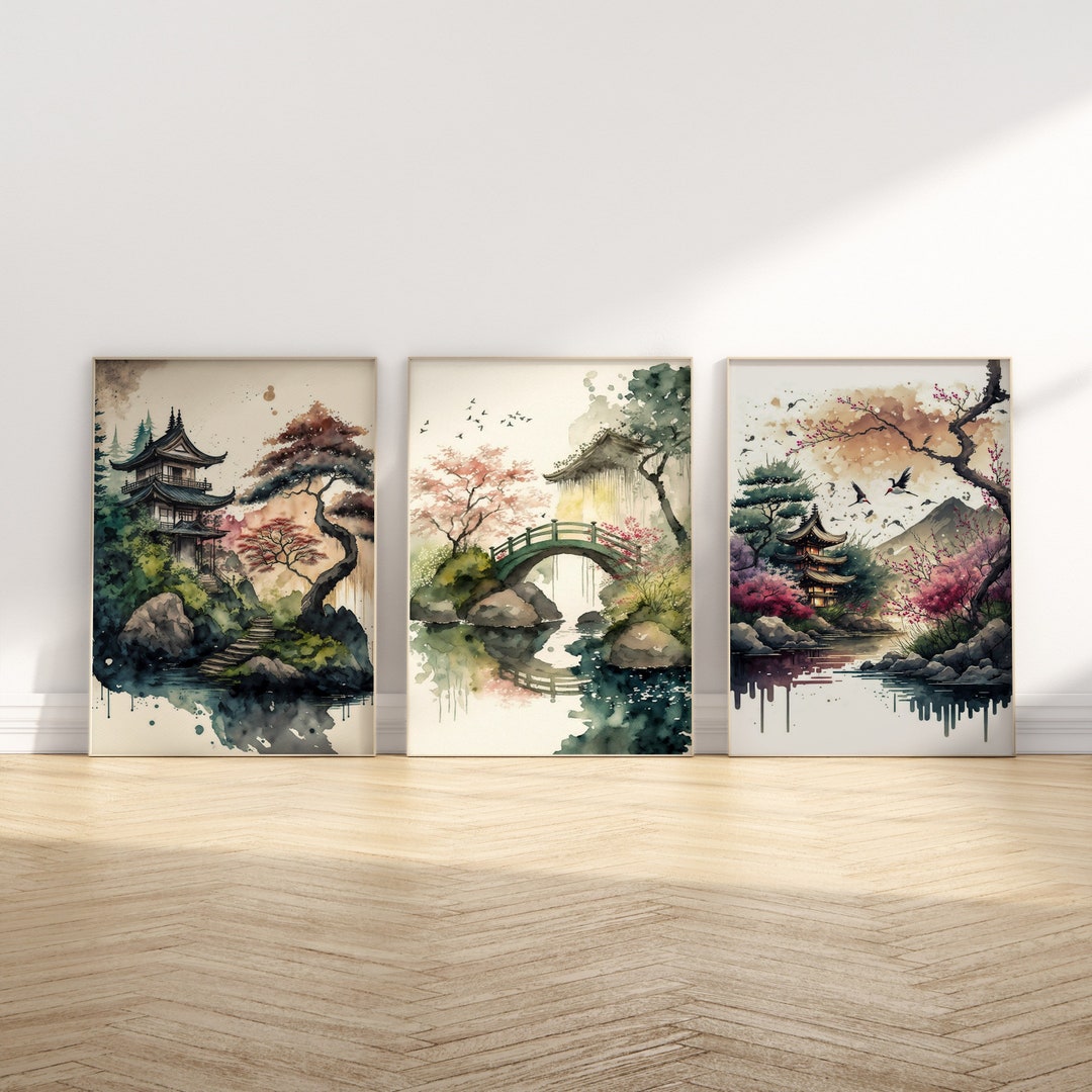 Japanese Wall Art Set of 3 Prints Watercolour Boho - Etsy