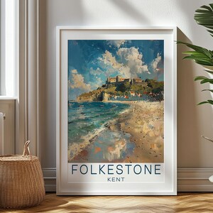 May include: A vintage travel poster featuring a painting of a seaside town with a castle on a hill. The poster is titled "Folkestone, Kent".