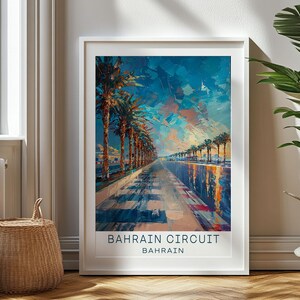 May include: A colorful painting of the Bahrain International Circuit, a Formula One racetrack, with palm trees lining the track. The painting has a blue, orange, and yellow color scheme. The text "BAHRAIN CIRCUIT" and "BAHRAIN" is at the bottom of the painting.