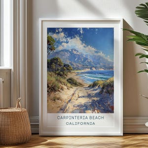May include: A vintage-style travel poster featuring a scenic view of Carpinteria Beach in California. The poster depicts a sandy path leading down to the beach, with the ocean and mountains in the background. The sky is blue with white clouds, and the sun is shining.