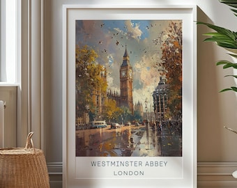 May include: A painting of Big Ben and Westminster Abbey in London, England. The painting is done in a realistic style and features a cloudy sky with birds flying overhead. The street below is wet from rain and there are people walking on the sidewalk.
