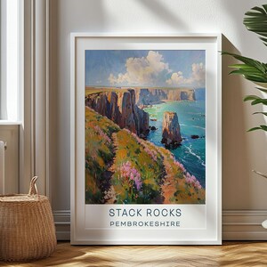 May include: A painting of a coastal landscape with a path leading to a rocky cliff overlooking the ocean. The sky is blue with white clouds and the water is a turquoise blue. The text "STACK ROCKS PEMBROKESHIRE" is at the bottom of the painting.