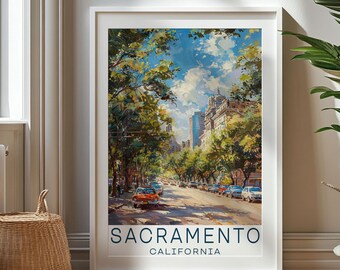 Op de afbeelding: Een vintage reisposter met een straatbeeld in Sacramento, Californië. De poster heeft een blauw en wit kleurenschema met de tekst "Sacramento, Californië" onderaan.